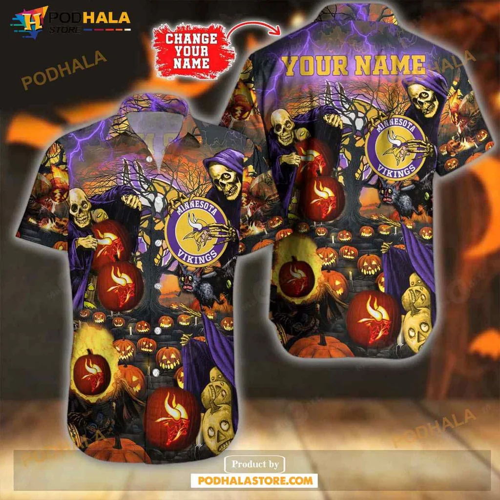 Minnesota Vikings Halloween Shirt With Skeleton And Pumpkins Design