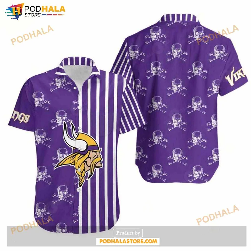 Minnesota Vikings Hawaiian Shirt Featuring Skull Pattern And Stripes