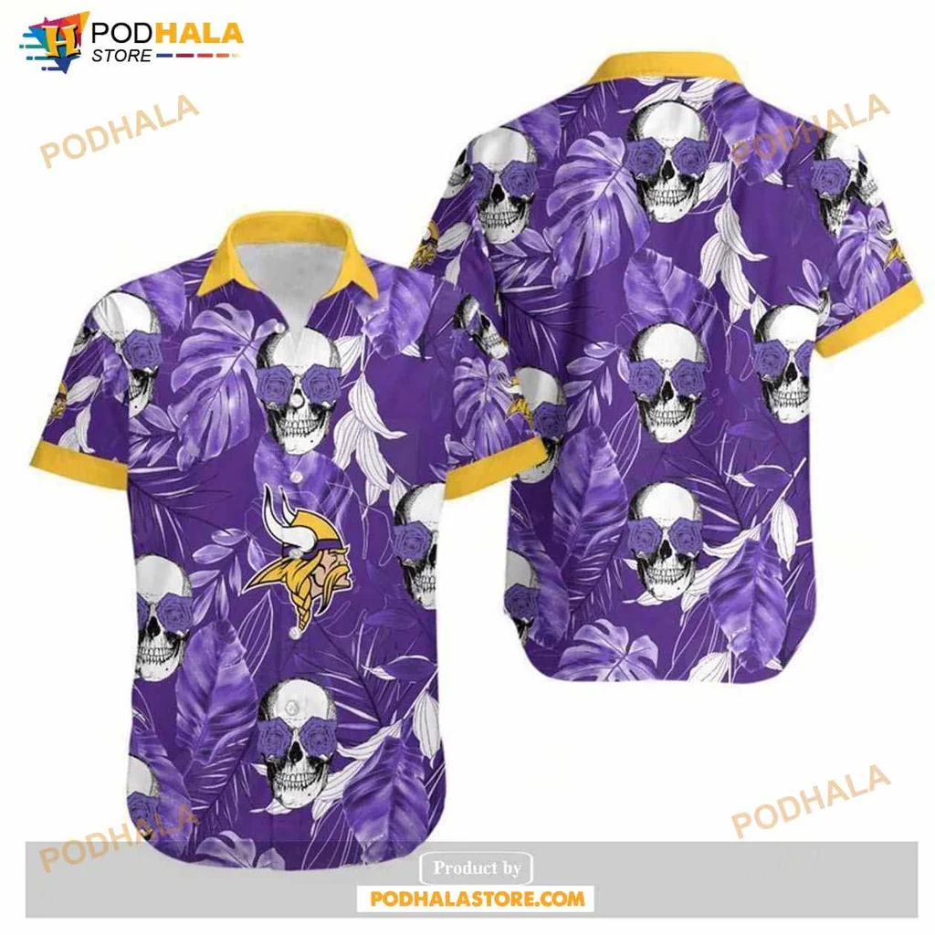 Minnesota Vikings Hawaiian Shirt With Coconut Leaves And Skulls