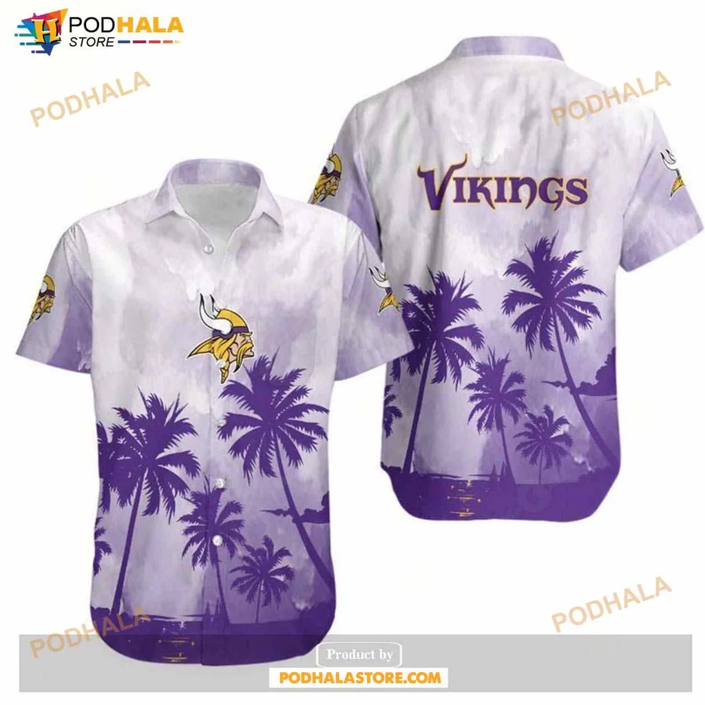 Minnesota Vikings Hawaiian Shirt With Coconut Trees And Bold Logo