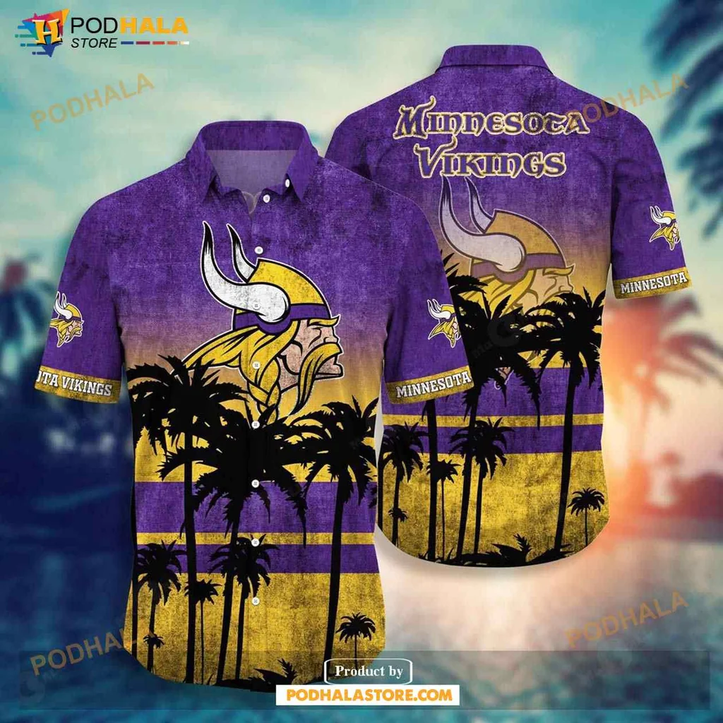 Minnesota Vikings Hawaiian Shirt With Tropical Palm Trees And Team Colors