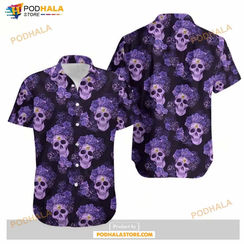 Minnesota Vikings Skull Hawaiian Shirt With Purple Flowers