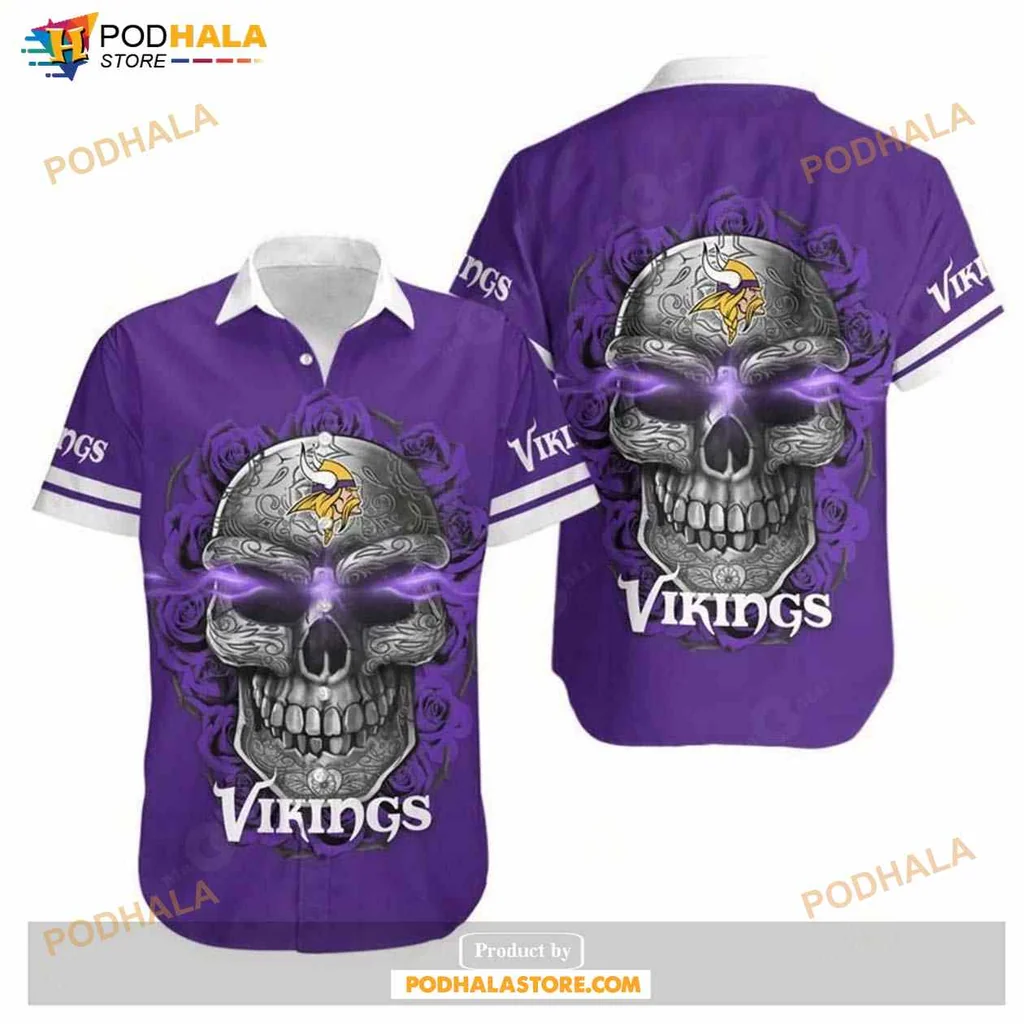 Minnesota Vikings Sugar Skull Hawaiian Shirt With Viking Helmet Design