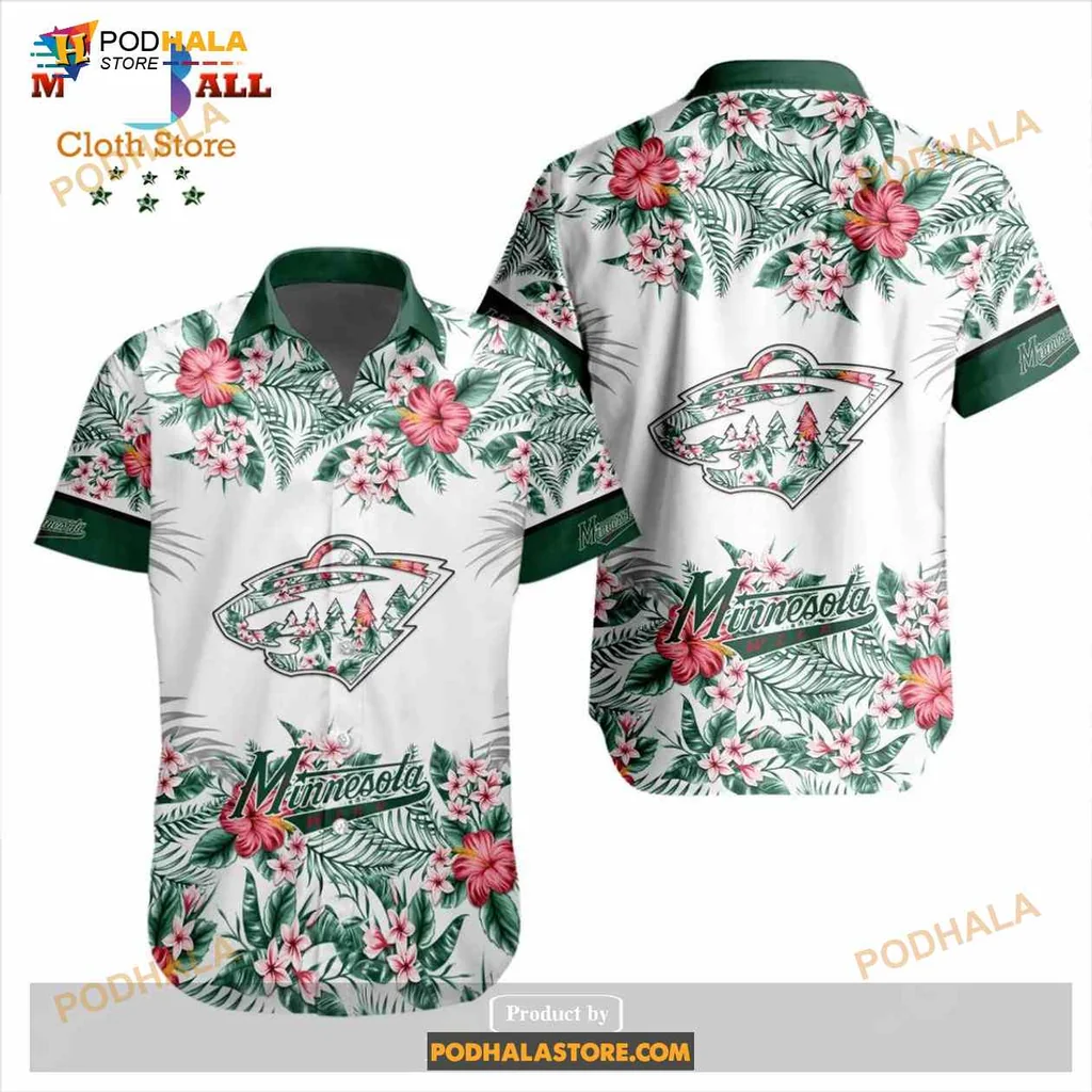 Minnesota Wild Floral Hawaiian Shirt With Tropical Hibiscus Design