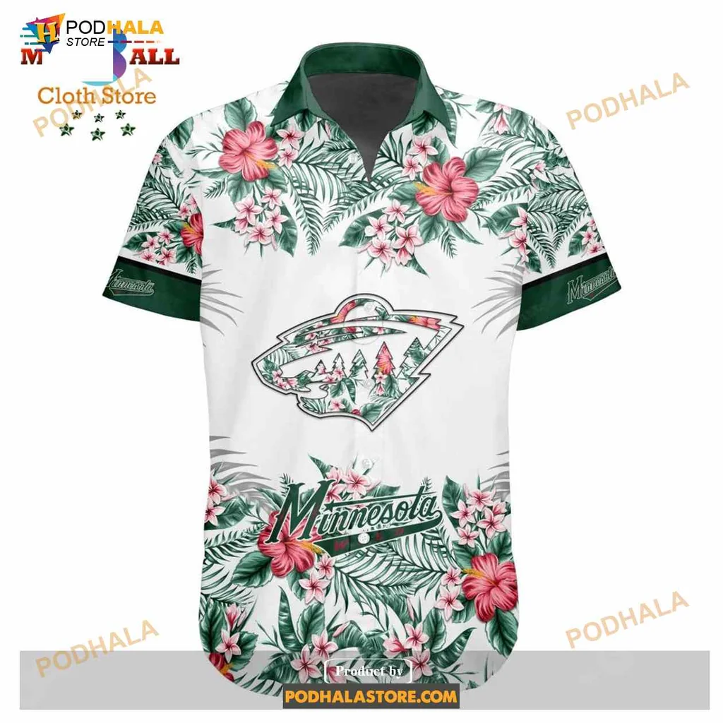 Minnesota Wild Floral Aloha Shirt With Tropical Hibiscus Design Minnesota Wild Floral Aloha Shirt With Tropical Hibiscus Design