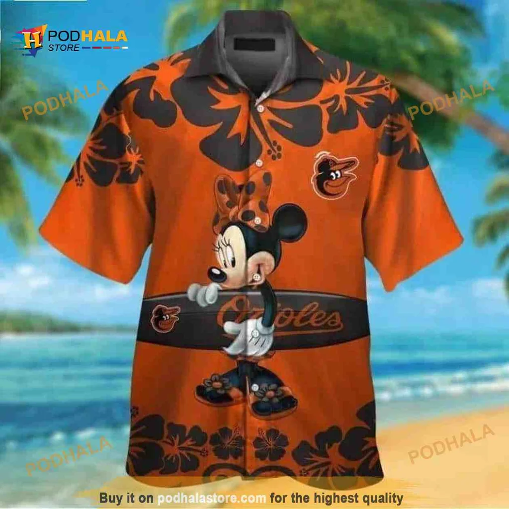 Minnie Mouse Baltimore Orioles Hawaiian Shirt With Tropical Hibiscus Design