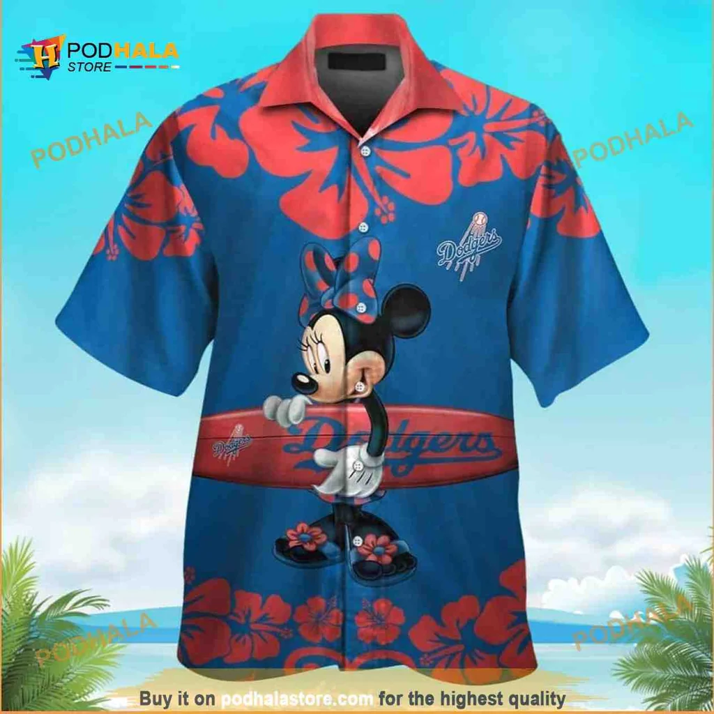 Minnie Mouse Dodgers Hawaiian Shirt With Tropical Hibiscus Design