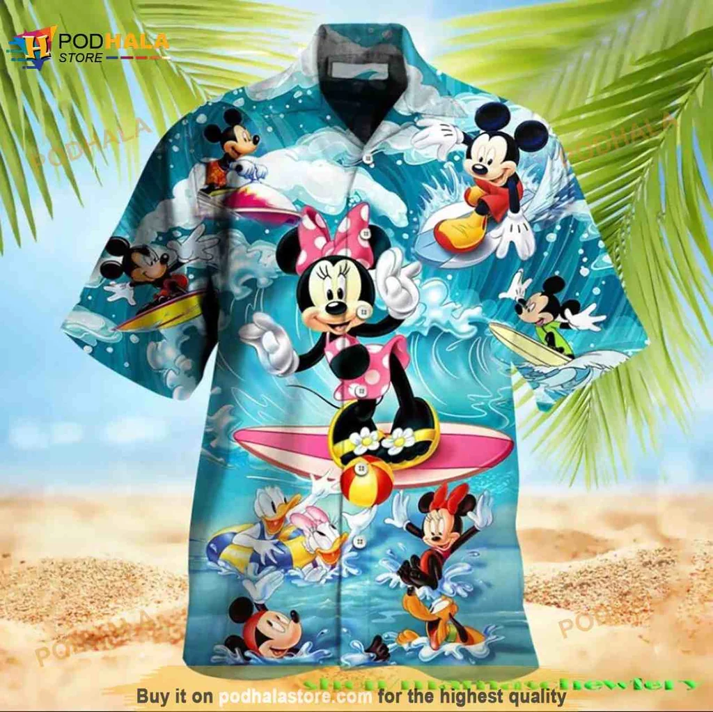 Minnie Mouse Surfing Hawaiian Shirt With Vibrant Beach Design