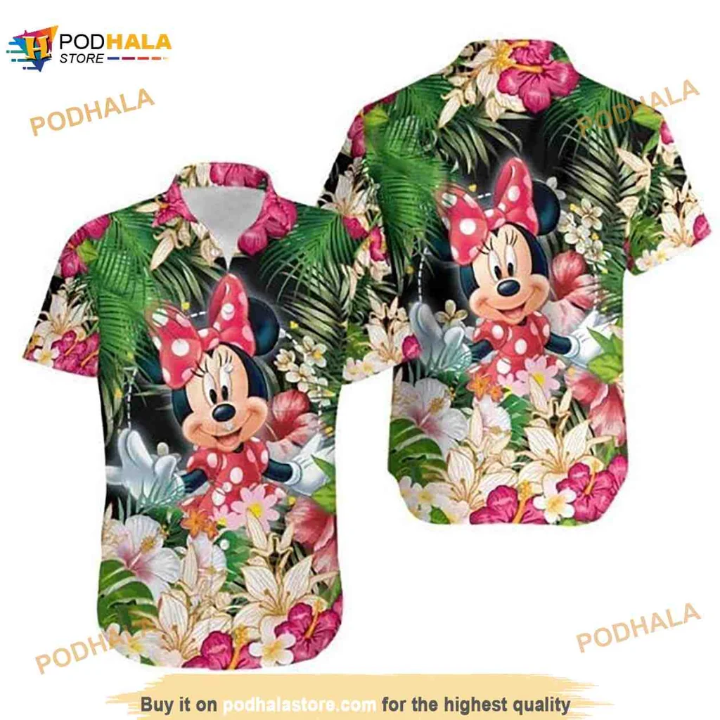 Minnie Mouse Tropical Hawaiian Shirt With Palm Leaves And Hibiscus Flowers