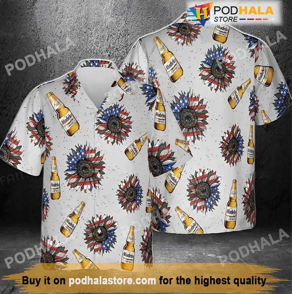 Modelo Beer Sunflower Aloha Shirt, Festive Summer Shirt With Usa Flag Design