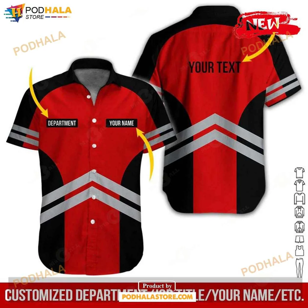 Modern Workwear Hawaiian Shirt, Personalized Red Design With Name Customization