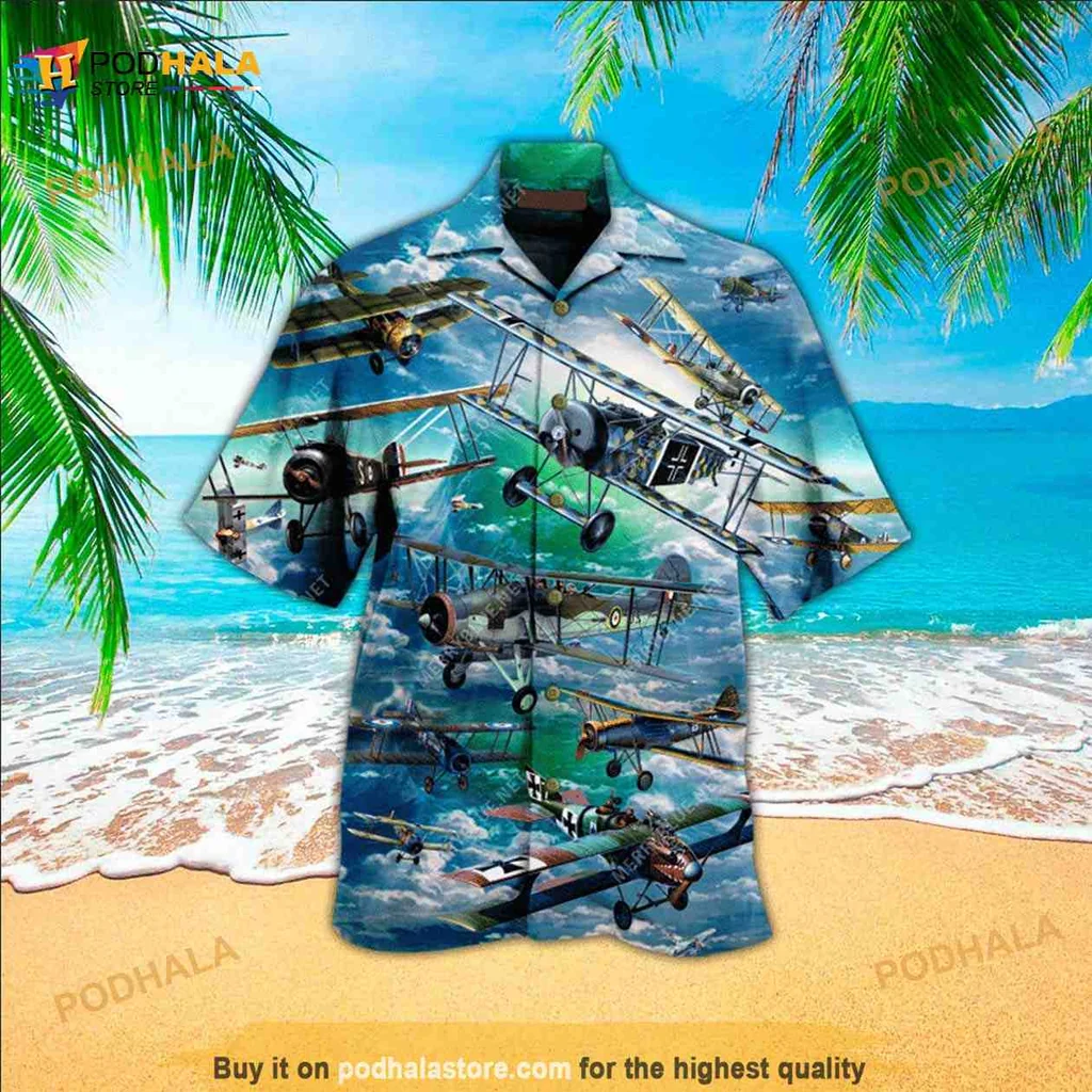 Monoplane Ocean Vintage Hawaiian Shirt With Vibrant Aircraft Design