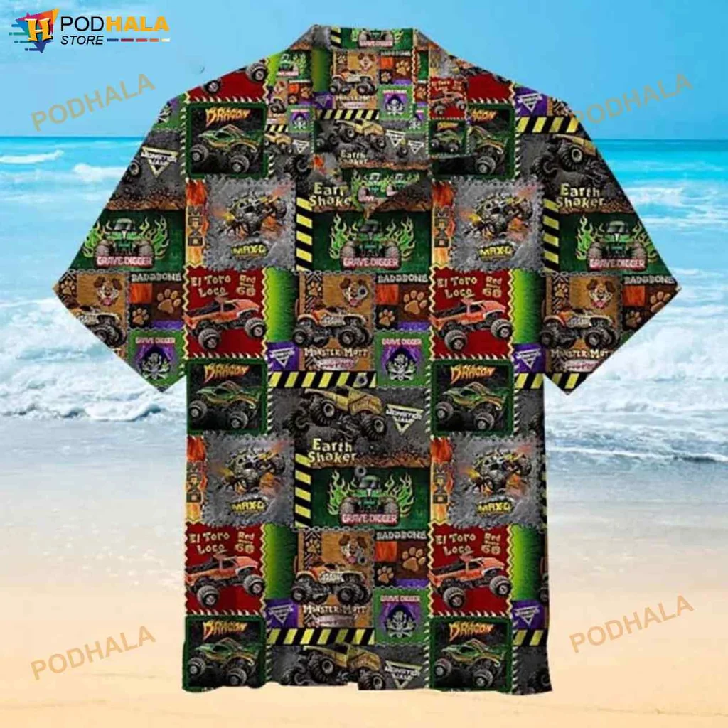 Monster Truck Pattern Hawaiian Shirt With Vibrant Cartoon Design