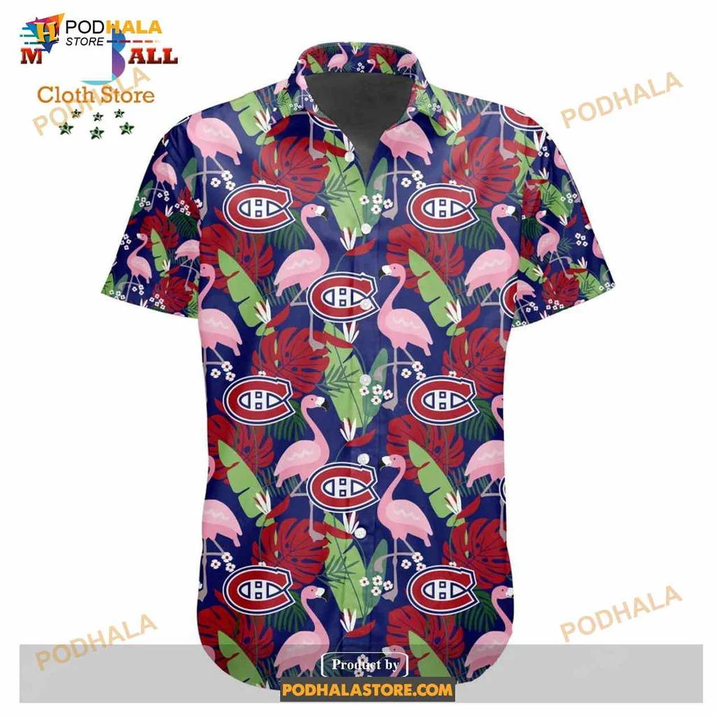Montreal Canadiens Hawaiian Shirt With Pink Flamingos And Tropical Leaves