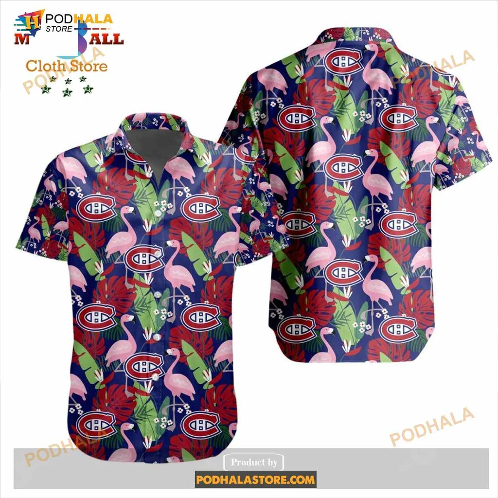 Montreal Canadiens Aloha Shirt With Pink Flamingos And Tropical Leaves Montreal Canadiens Aloha Shirt With Pink Flamingos And Tropical Leaves