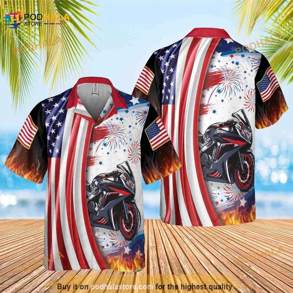Motorcycle American Flag Hawaiian Shirt With Fireworks For Motocross Lovers