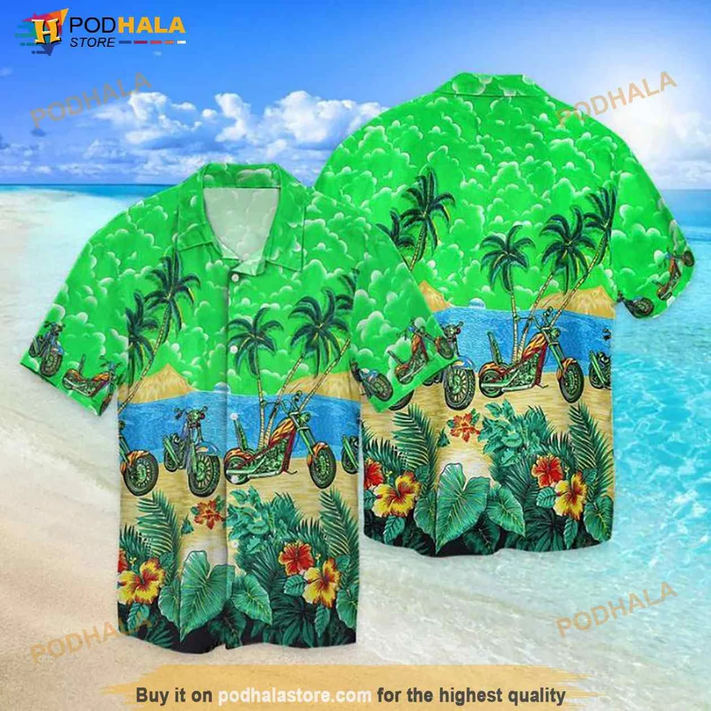 Motorcycle Beach Tropical Hawaiian Shirt With Palm Trees And Hibiscus Flowers