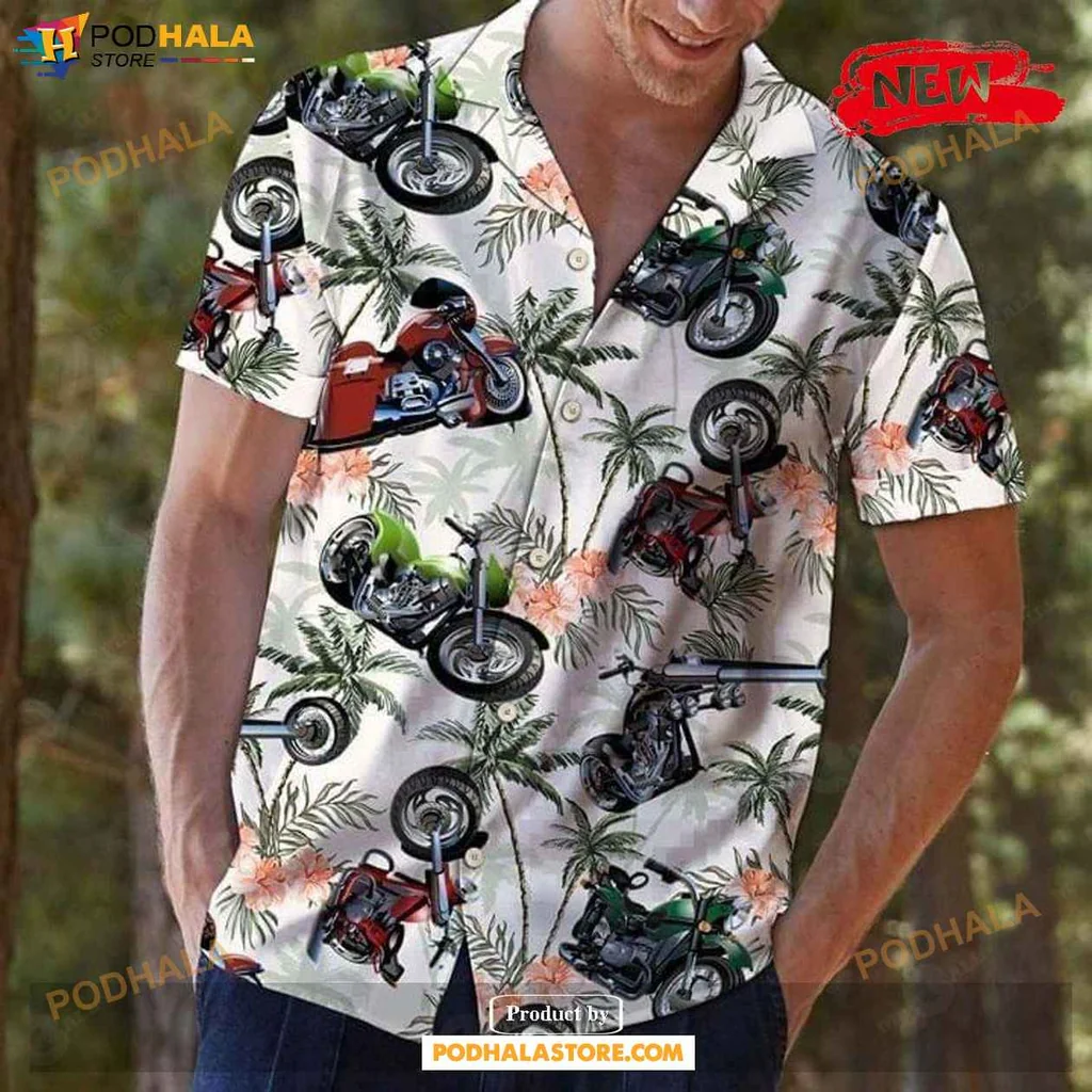Motorcycle Lover Hawaiian Shirt, Vibrant Tropical Design With Motorcycles And Palm Leaves