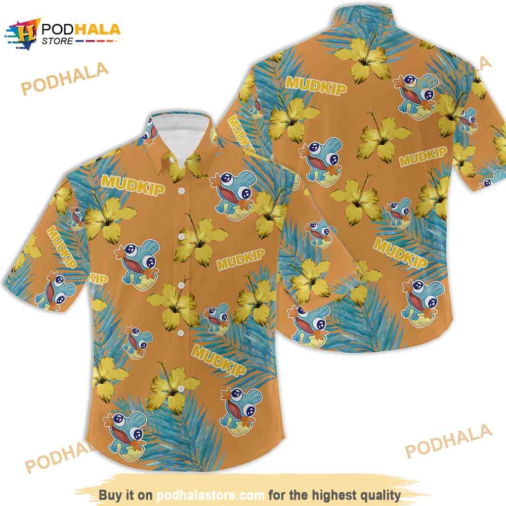 Mudkip Hibiscus Flower Pattern Hawaiian Shirt For Pokémon Fans