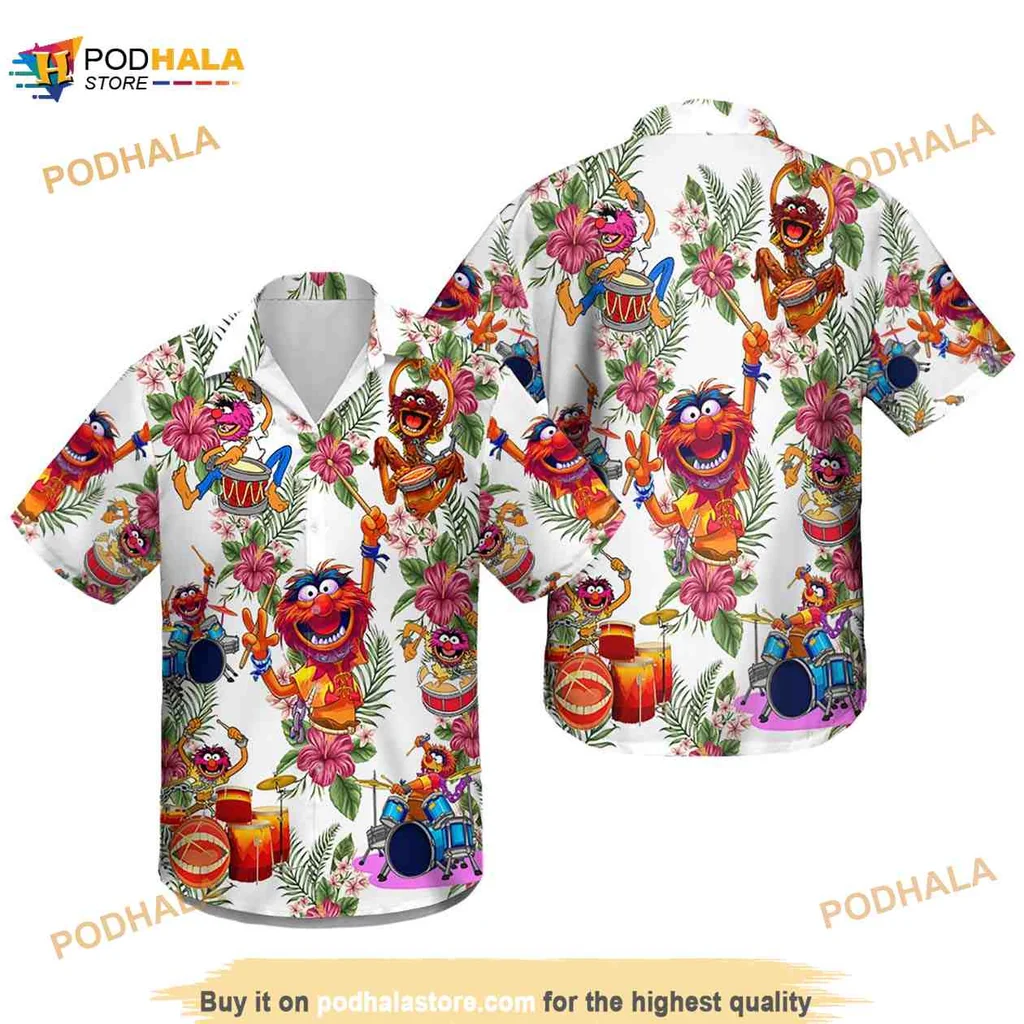 Muppet Animal Playing Drum Hawaiian Shirt With Tropical Floral Design
