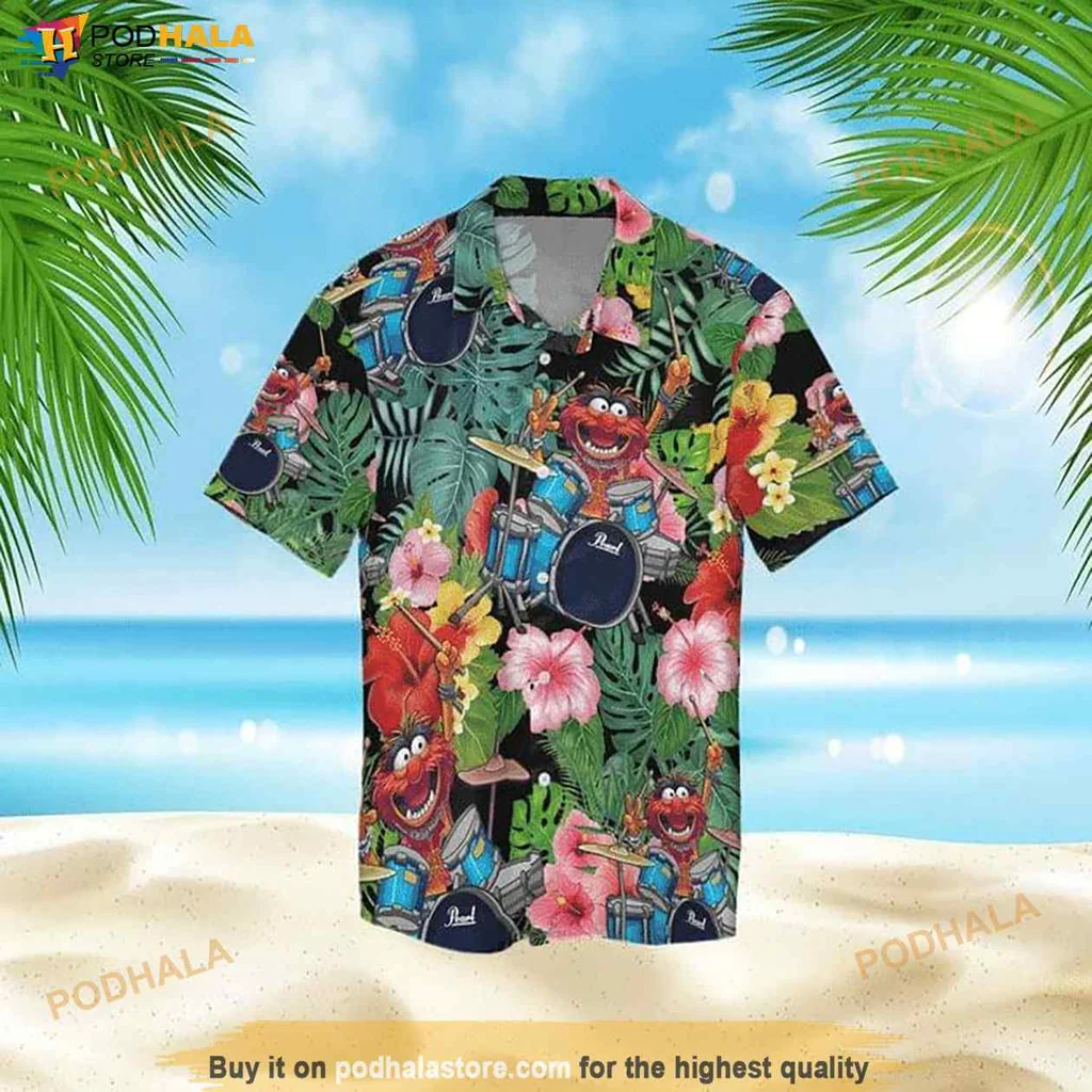 Muppet Drummer Hawaiian Shirt, Vibrant Tropical Design With Flowers And Leaves