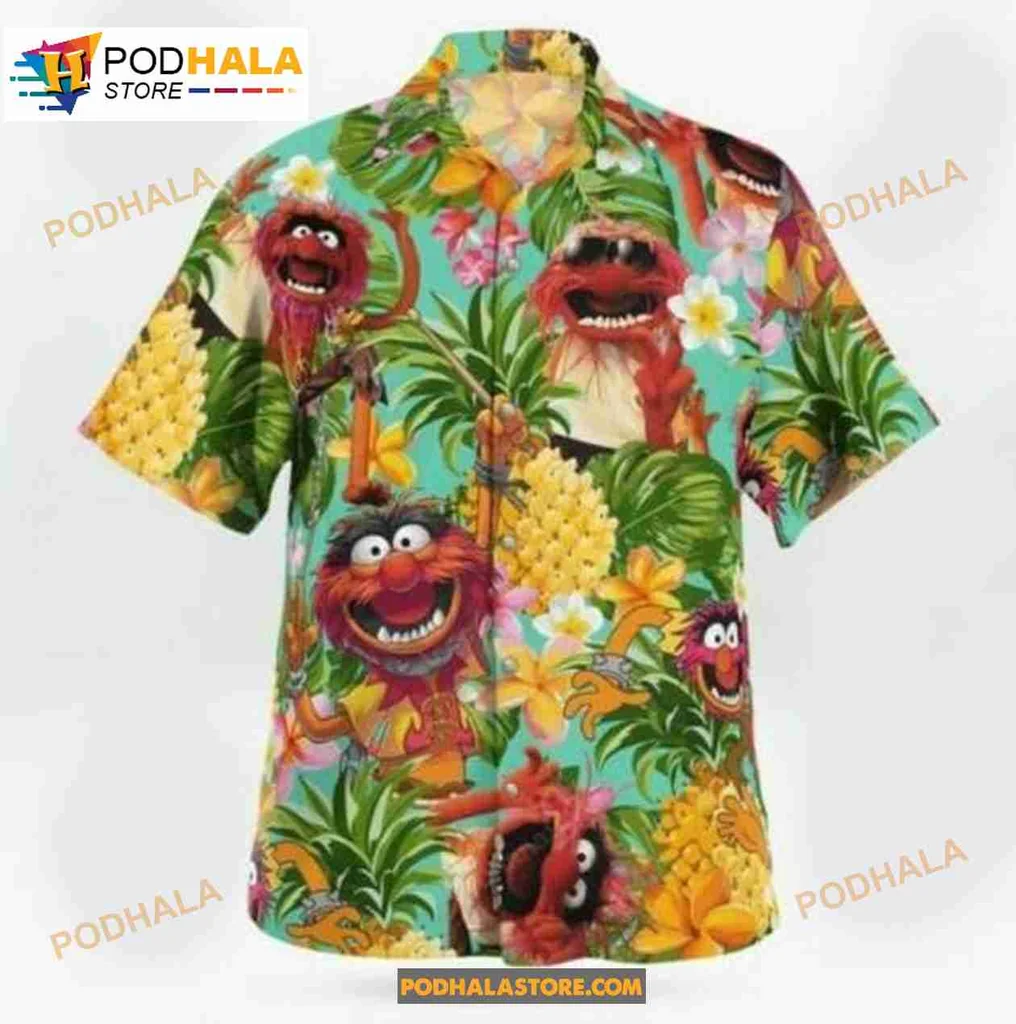 Muppet Pineapple Tropical Hawaiian Shirt With Colorful Characters And Palm Leaves