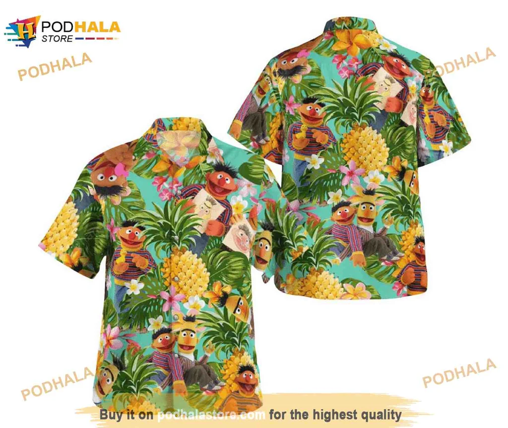Muppet Tropical Aloha Shirt With Cartoon Characters And Pineapples