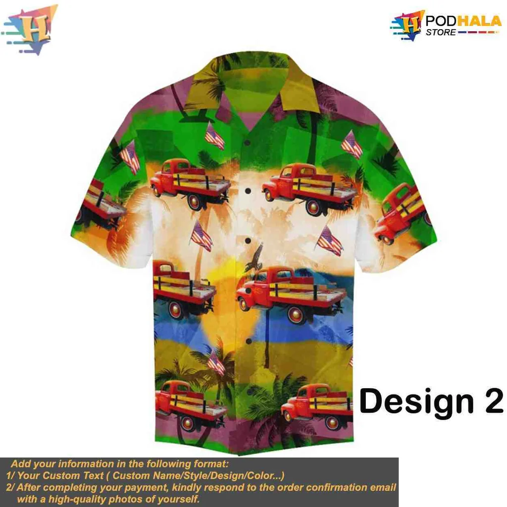 Muscle Car Hawaiian Shirt Featuring Tropical Design With Palm Trees - Product View 6 Muscle Car Hawaiian Shirt Featuring Tropical Design With Palm Trees - Product View 6