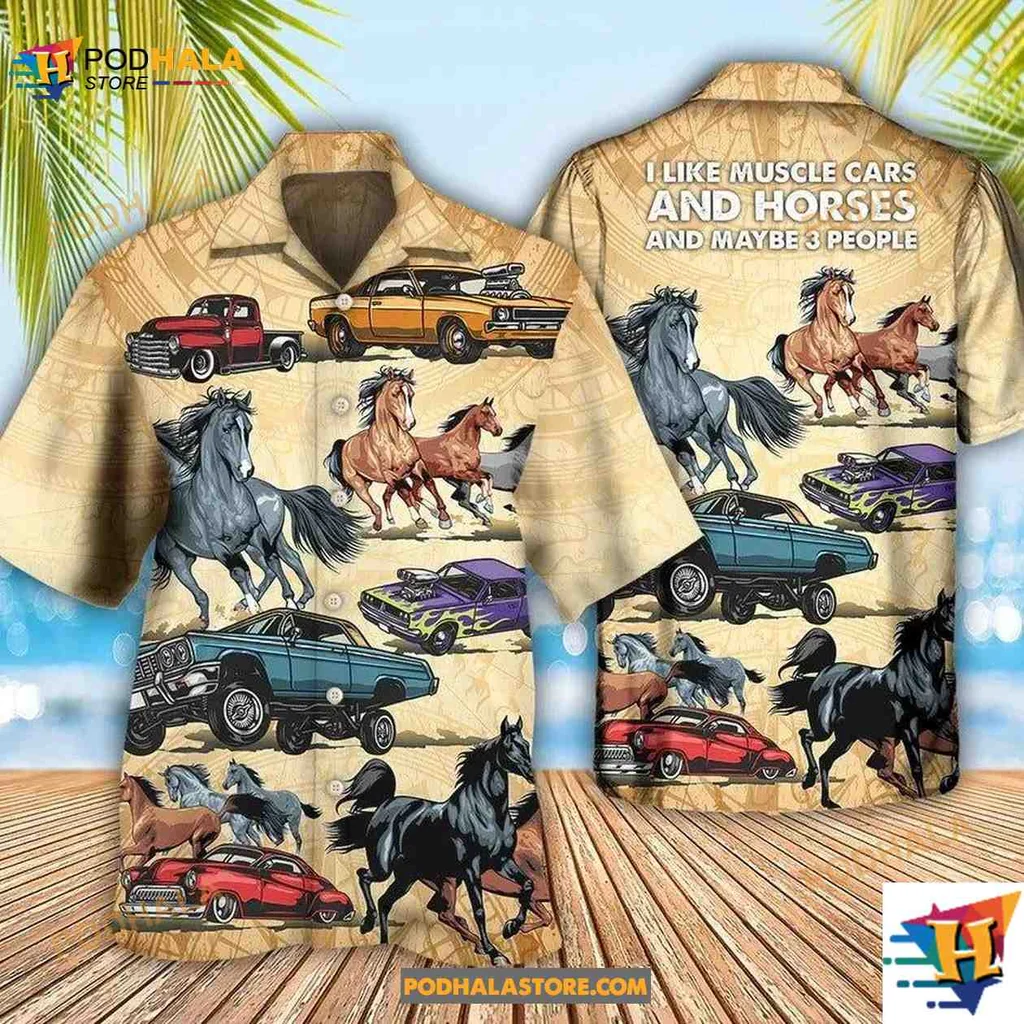 Muscle Car Horse Lovers Hawaiian Shirt, Fun Design For Car And Horse Enthusiasts