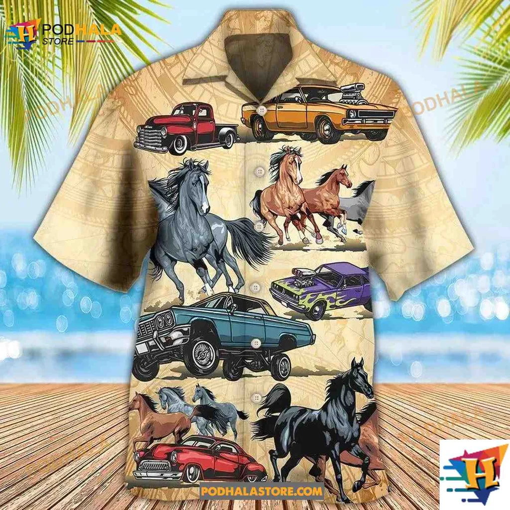 Muscle Car Horse Lovers Aloha Shirt, Fun Design For Car And Horse Enthusiasts Muscle Car Horse Lovers Aloha Shirt, Fun Design For Car And Horse Enthusiasts