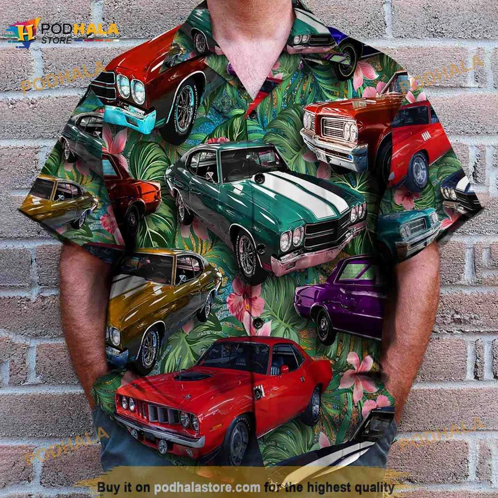 Muscle Car Tropical Hawaiian Shirt With Classic Cars And Tropical Foliage