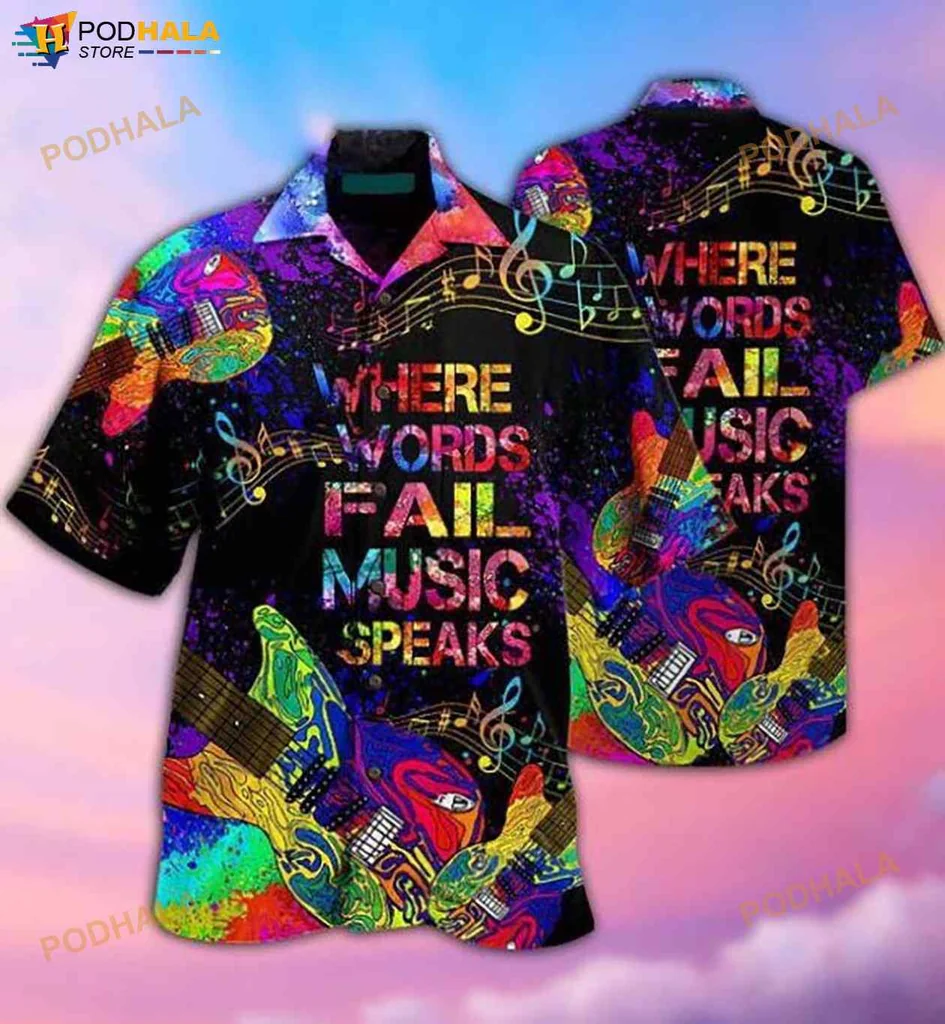 Music Lover Hawaiian Shirt Featuring Where Words Fail Music Speaks Design