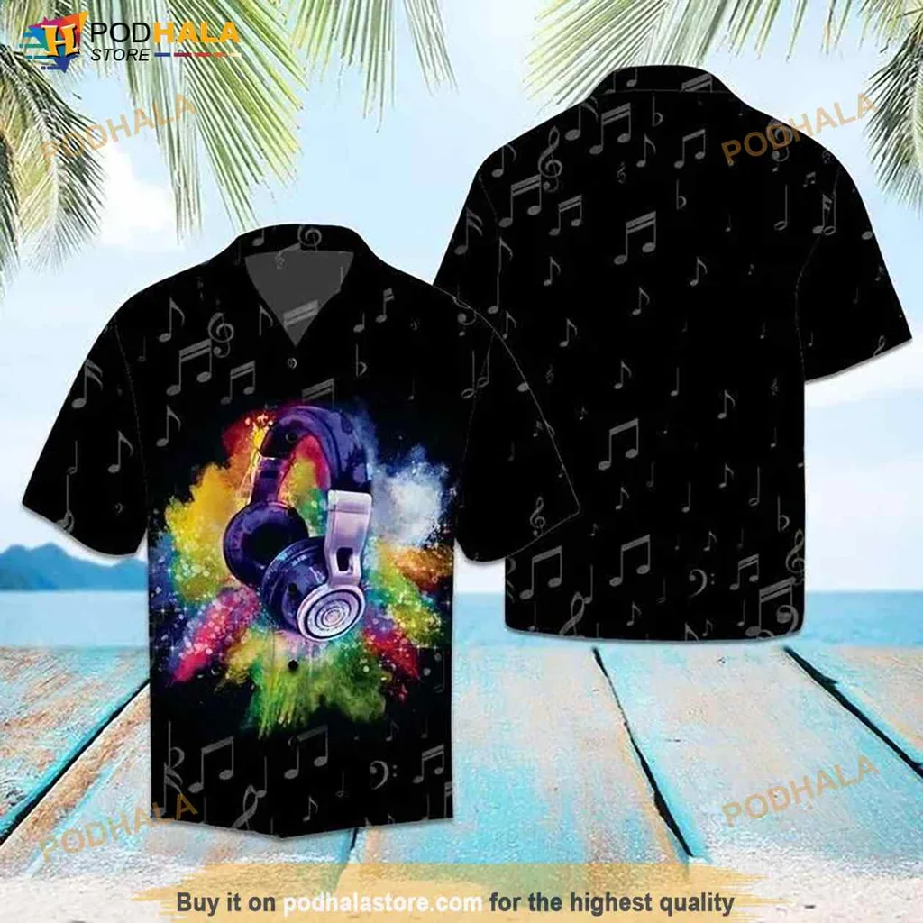 Music Lover Hawaiian Shirt With Colorful Cosmic Headphones Design