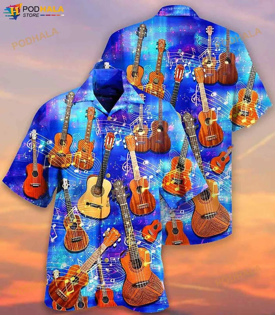 Music Lover Hawaiian Shirt With Vibrant Guitar Design And Musical Theme
