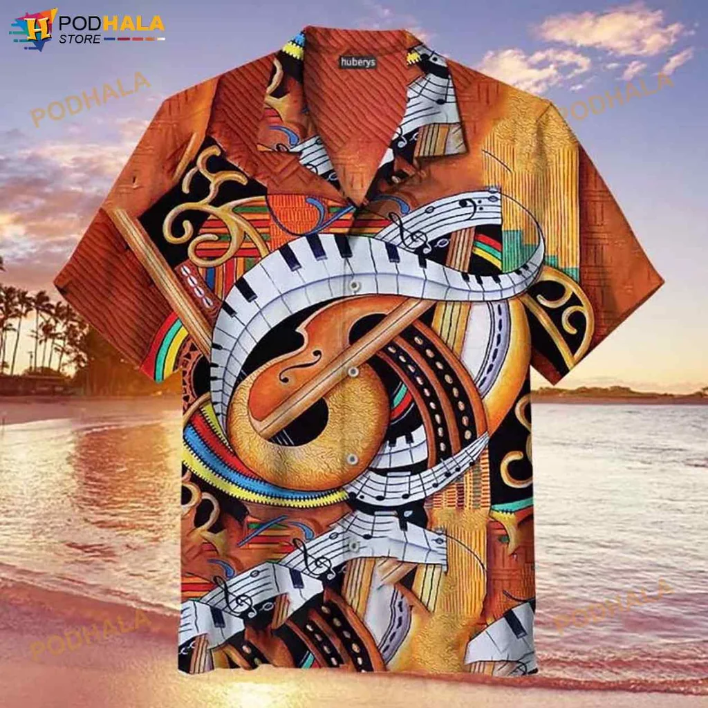 Musical Elements Hawaiian Shirt With Guitar And Piano Keys Design