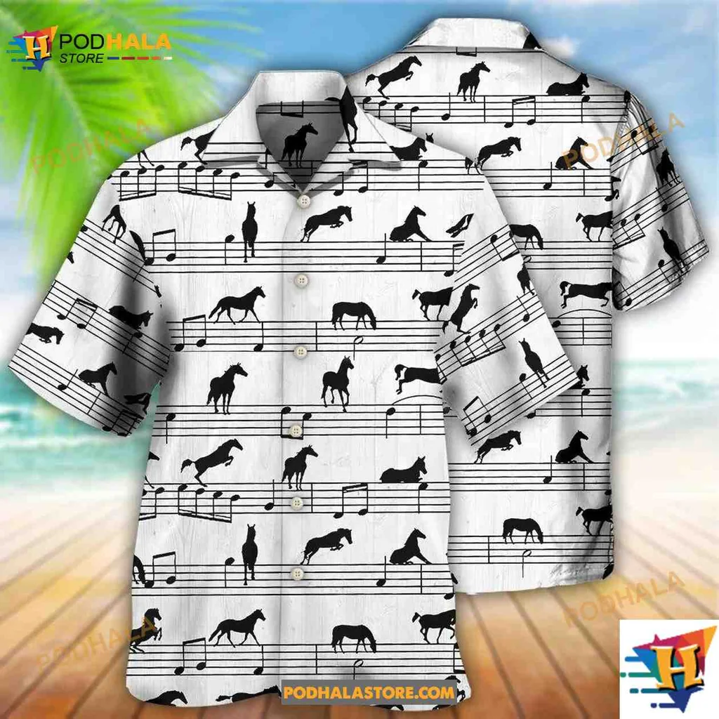 Musical Horse Lovers Hawaiian Shirt Featuring Elegant Notes And Silhouettes