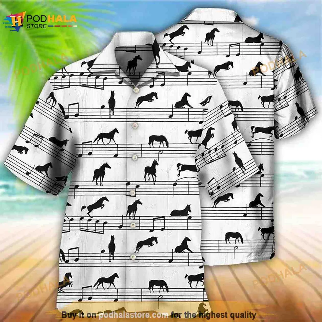 Musical Horse Lovers Hawaiian Shirt With Dynamic Horse Silhouettes