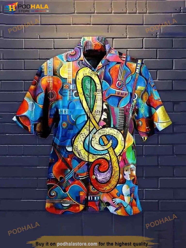 Musical Note Guitar Hawaiian Shirt With Colorful Treble Clef Design