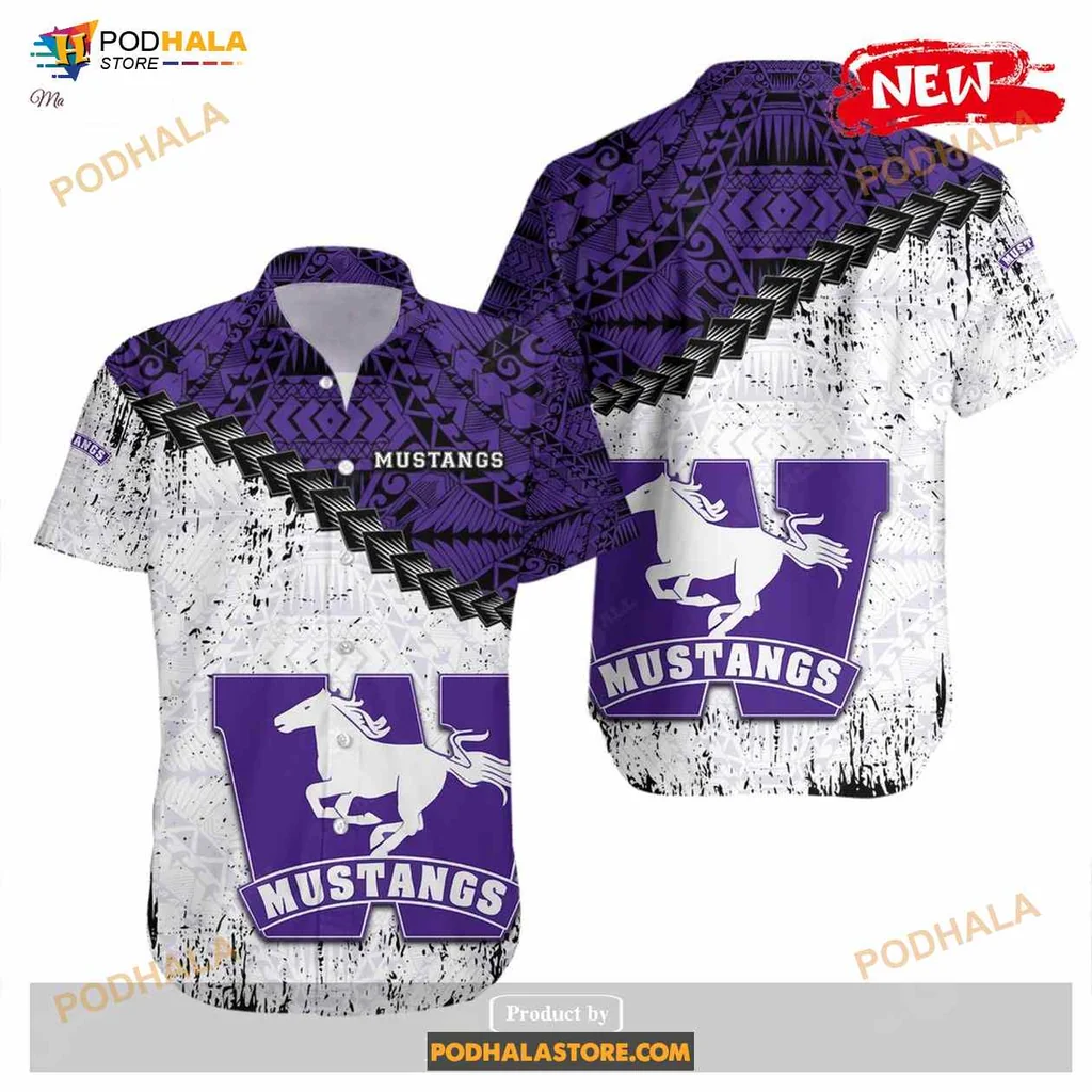 Mustangs Hawaiian Shirt Featuring Bold Grunge Polynesian Tattoo Design