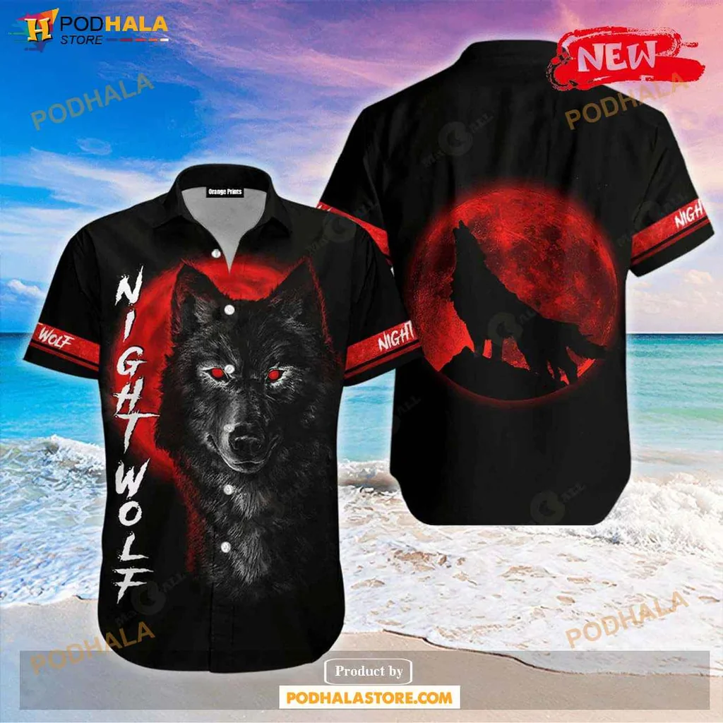 Mystical Wolf Aloha Shirt, Black Red Summer Shirt For Nature Lovers