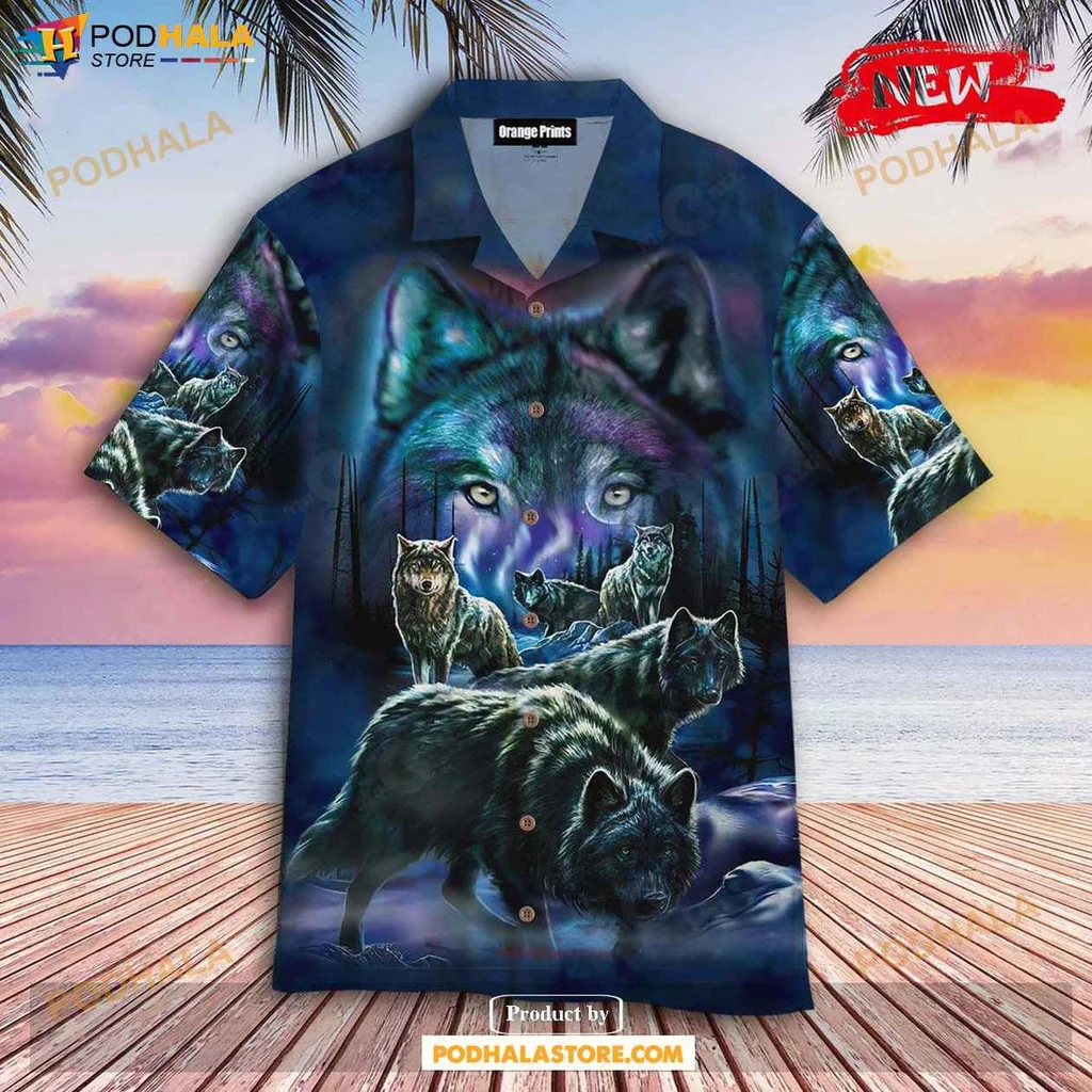 Mystical Wolf Tropical Shirt, Artistic Night Forest Design For Men And Women
