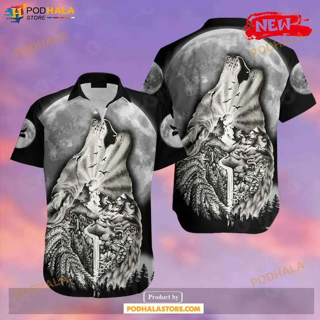 Mystical Wolves Aloha Shirt, Grey Howling Wolf Design For Summer Tropical Shirt