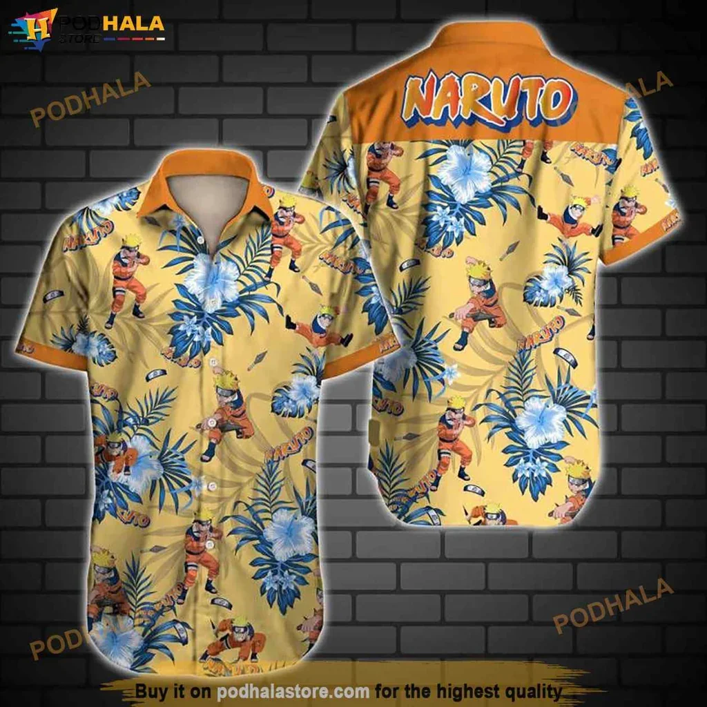 Naruto Hawaiian Shirt Orange Black Ninja Tropical Flower Palm Leaf Pattern