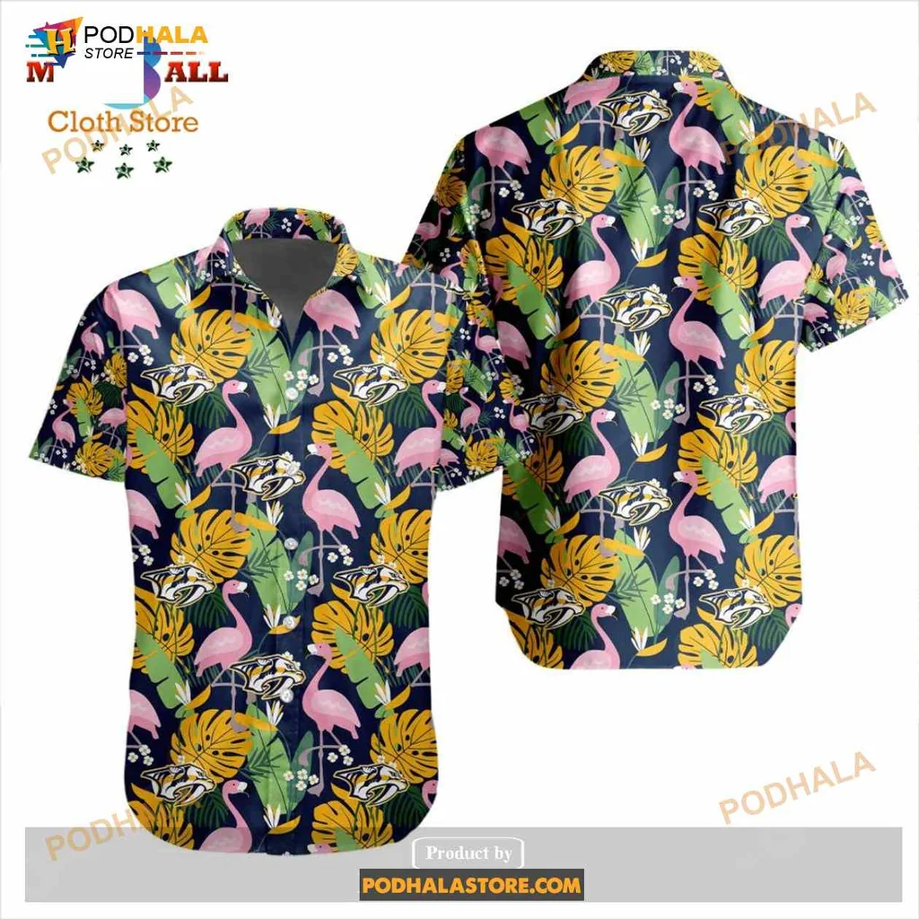 Nashville Predators Crane Hawaiian Shirt With Tropical Flowers And Flamingos