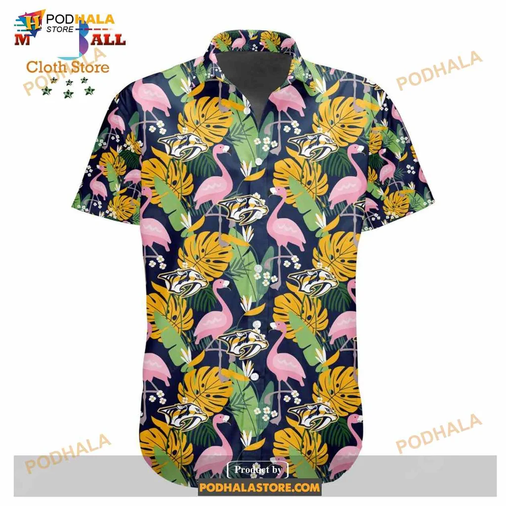 Nashville Predators Crane Aloha Shirt With Tropical Flowers And Flamingos Nashville Predators Crane Aloha Shirt With Tropical Flowers And Flamingos