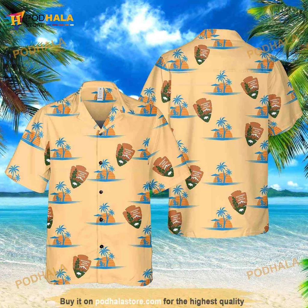 National Park Service Hawaiian Shirt With Palm Trees And Ranger Hats