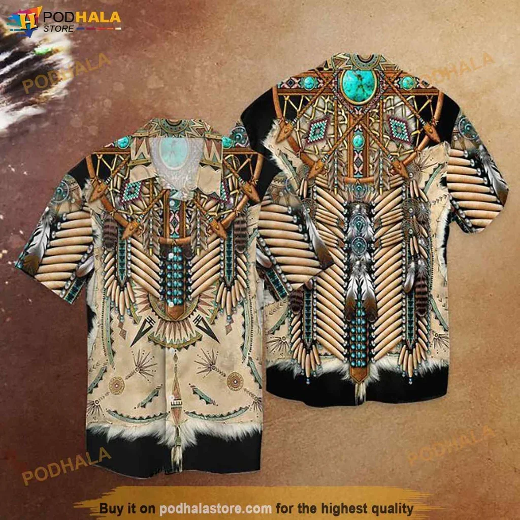 Native American Hawaiian Shirt, Feathered Regalia Turquoise Western Boho Shirt