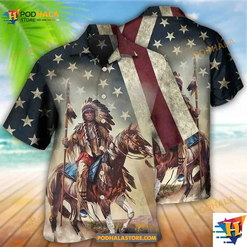 Native American Horse Hawaiian Shirt Featuring Patriotic Design