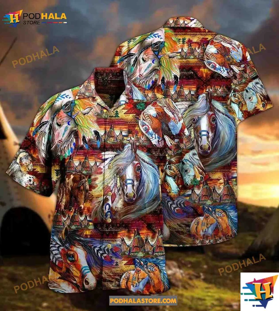 Native American Horse Hawaiian Shirt Featuring Vibrant Horse Designs