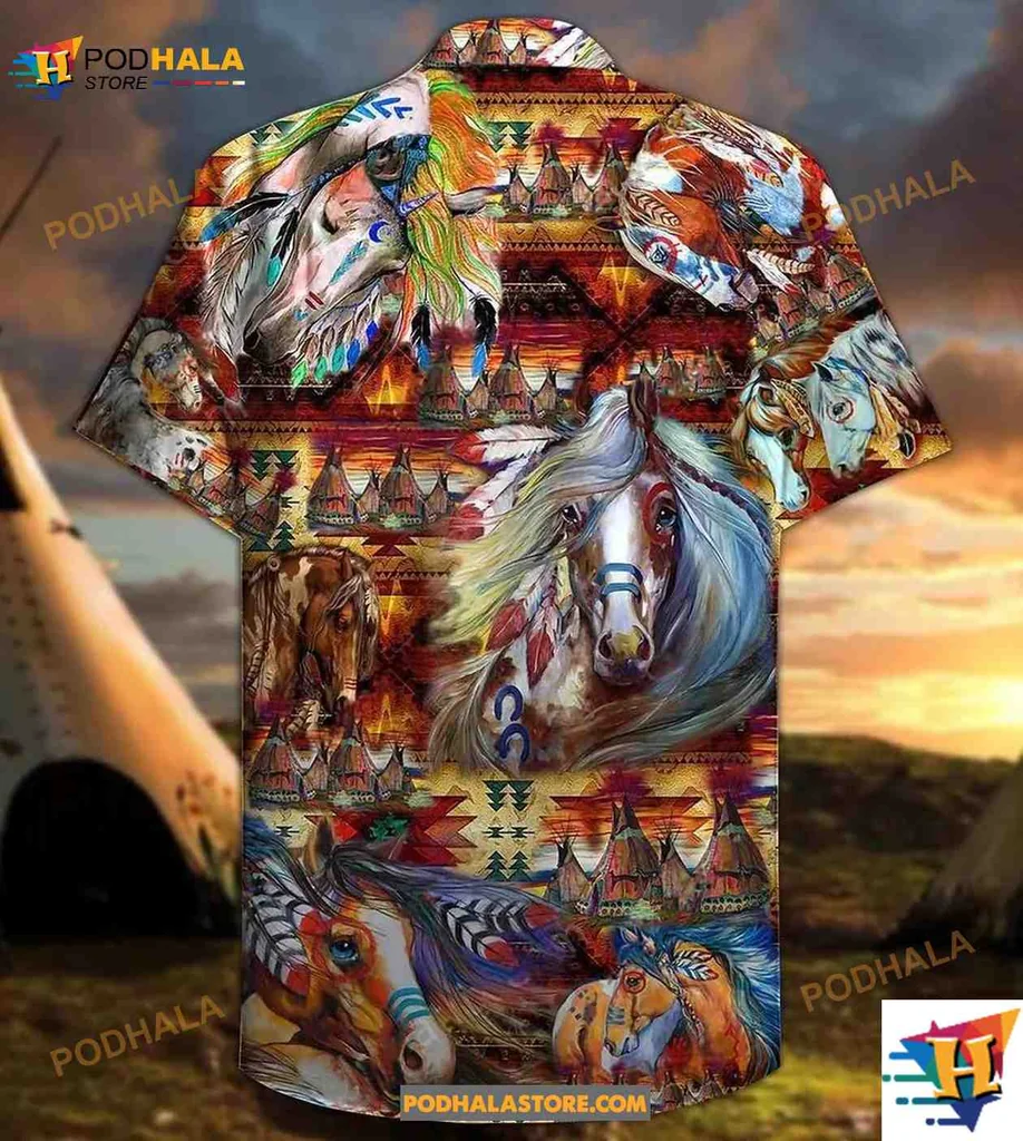 Native American Horse Aloha Shirt Featuring Vibrant Horse Designs Native American Horse Aloha Shirt Featuring Vibrant Horse Designs